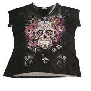 Sweet‎ Gisele Sugar Skull T-Shirt Rhinestone Embellished Double Sided Womens XXL